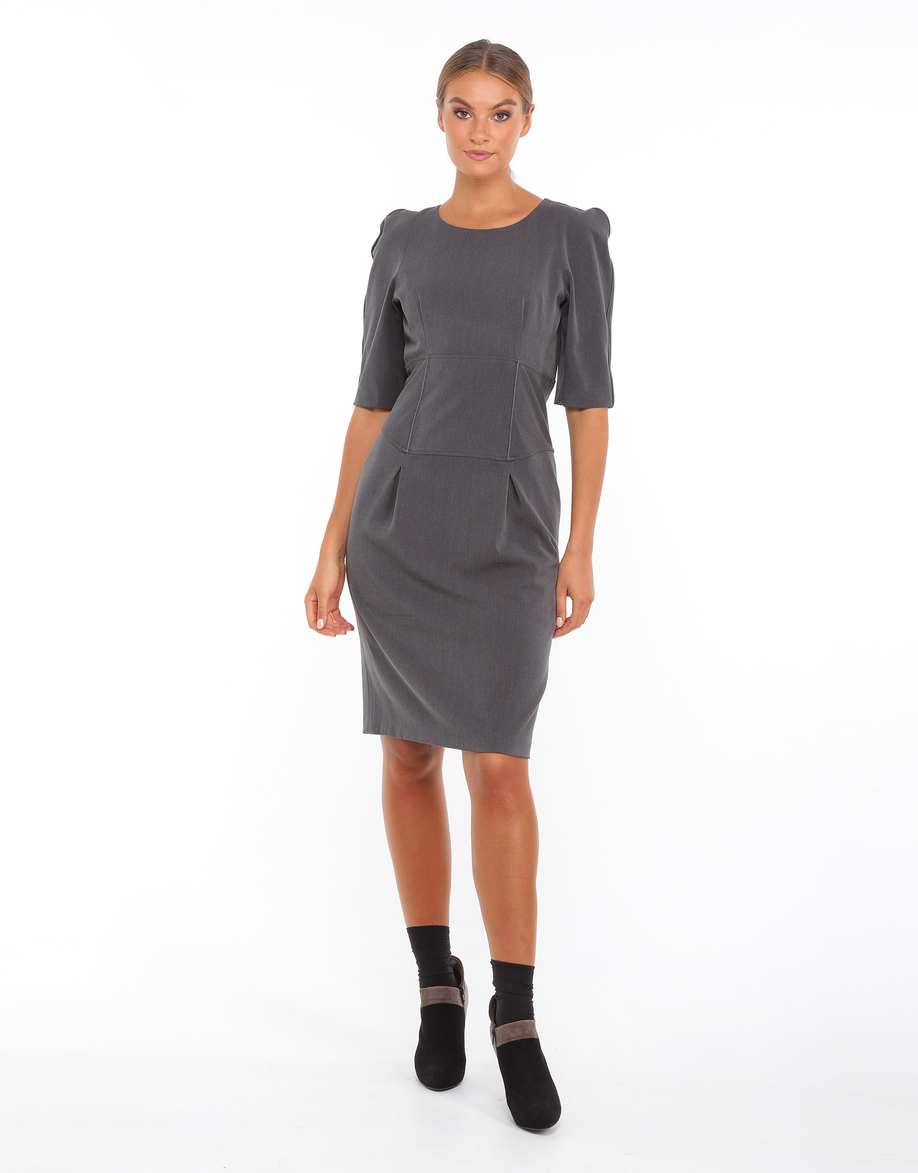 Straight dress curved in steel gray crepe